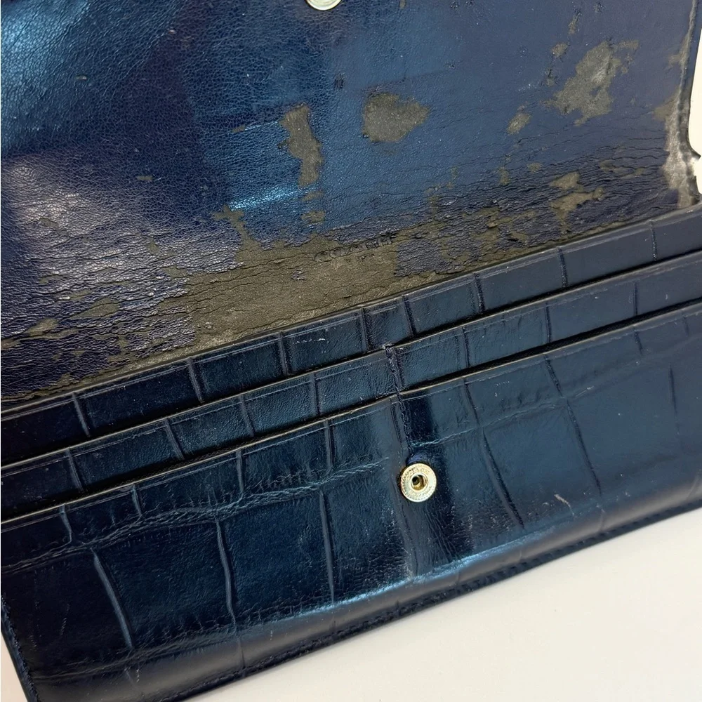 Coach Navy Blue Croc-Embossed Continental Wallet with Gold Logo